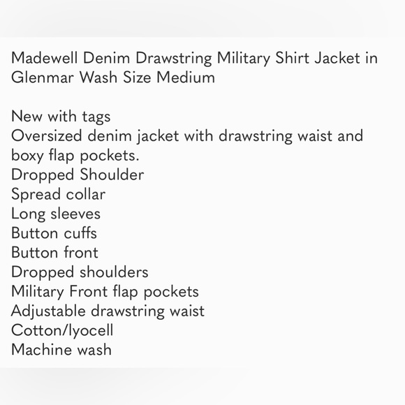 Madewell Denim Drawstring Military Shirt Jacket in Glenmar Wash Size Medium - Picture 6 of 6